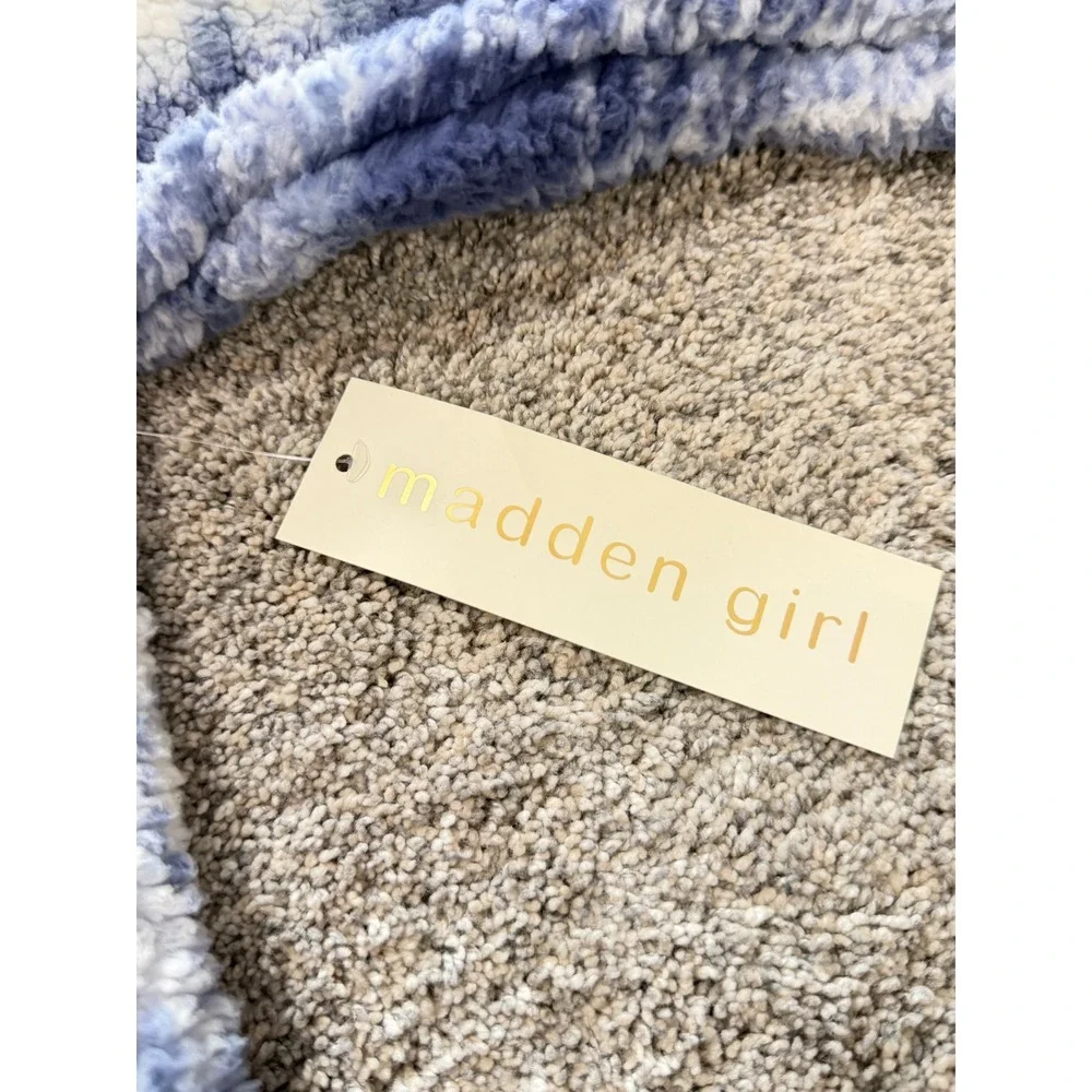 Madden Girl Kids Blue White Plaid Sherpa Hooded Fleece Jacket Size Medium New
